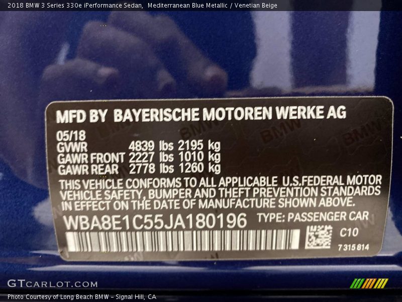 Mediterranean Blue Metallic / Venetian Beige 2018 BMW 3 Series 330e iPerformance Sedan