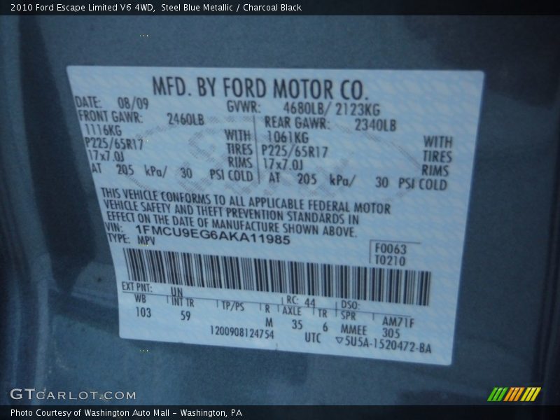 Steel Blue Metallic / Charcoal Black 2010 Ford Escape Limited V6 4WD