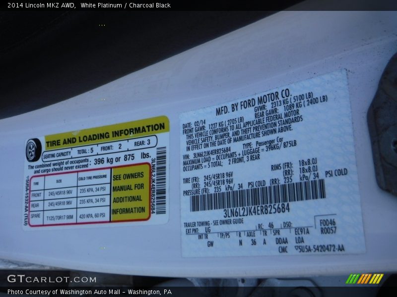 2014 MKZ AWD White Platinum Color Code UG
