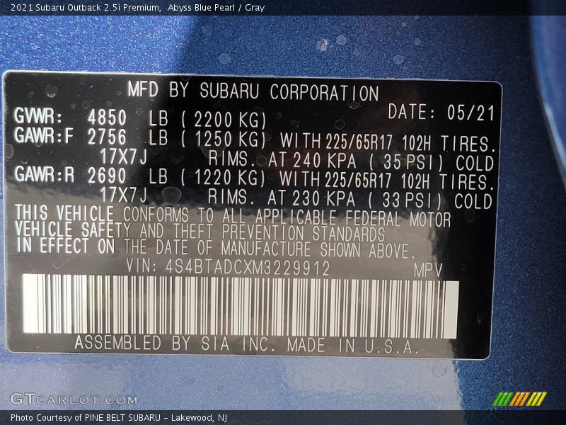 Abyss Blue Pearl / Gray 2021 Subaru Outback 2.5i Premium