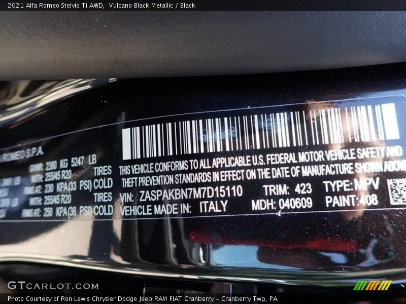 2021 Stelvio Ti AWD Vulcano Black Metallic Color Code 408