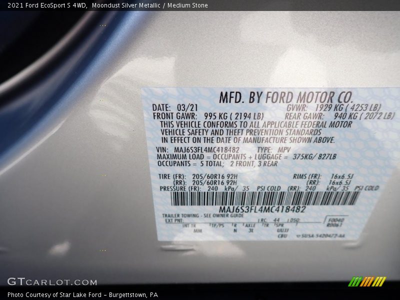 Moondust Silver Metallic / Medium Stone 2021 Ford EcoSport S 4WD