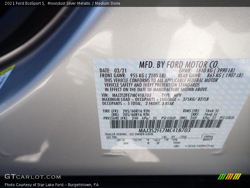Moondust Silver Metallic / Medium Stone 2021 Ford EcoSport S