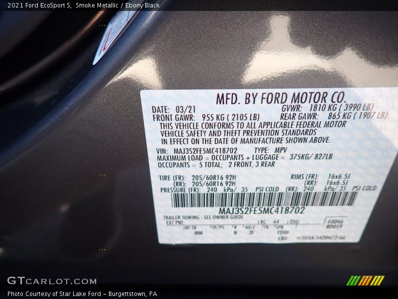 Smoke Metallic / Ebony Black 2021 Ford EcoSport S