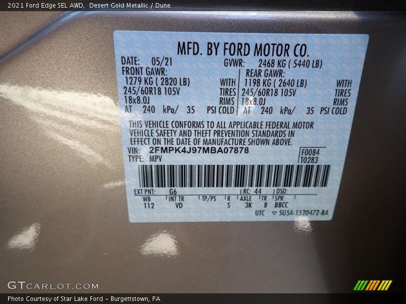 2021 Edge SEL AWD Desert Gold Metallic Color Code G6