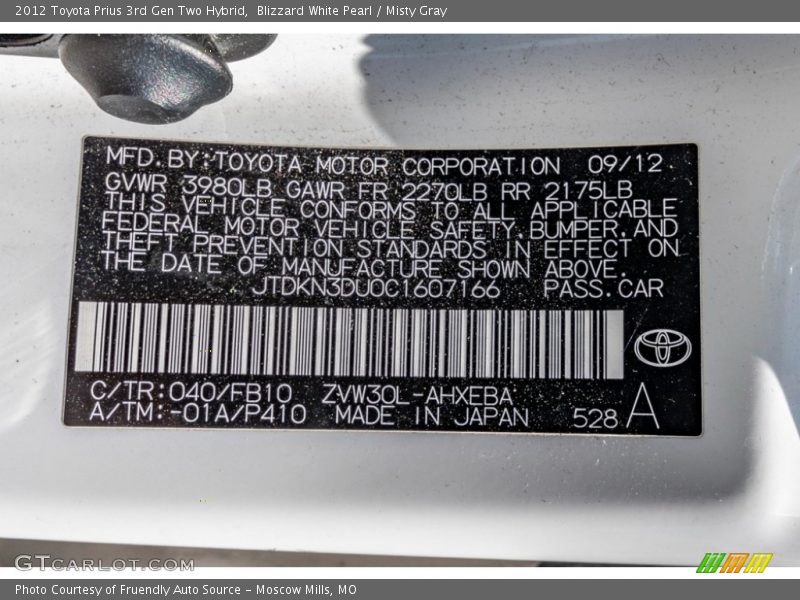 Blizzard White Pearl / Misty Gray 2012 Toyota Prius 3rd Gen Two Hybrid