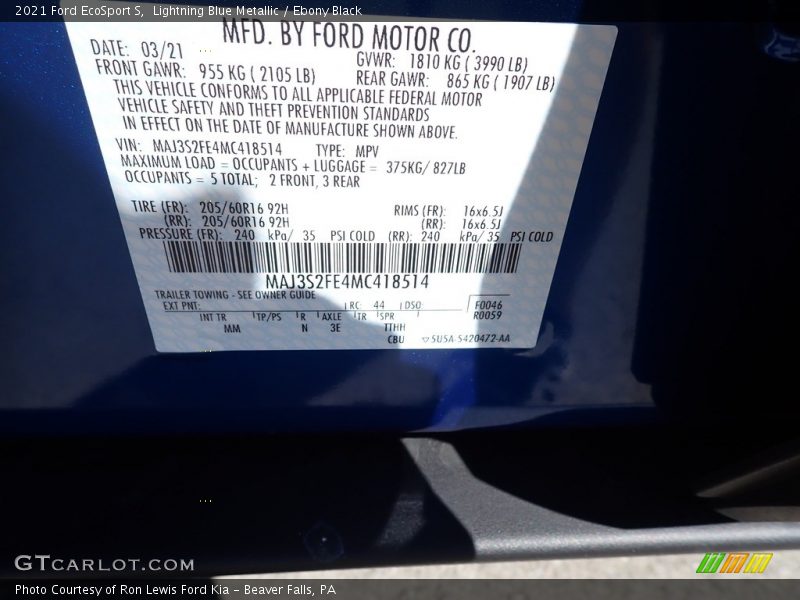 Lightning Blue Metallic / Ebony Black 2021 Ford EcoSport S
