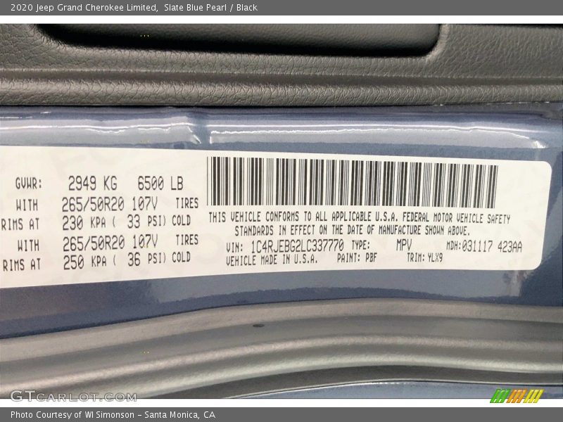 2020 Grand Cherokee Limited Slate Blue Pearl Color Code PBF