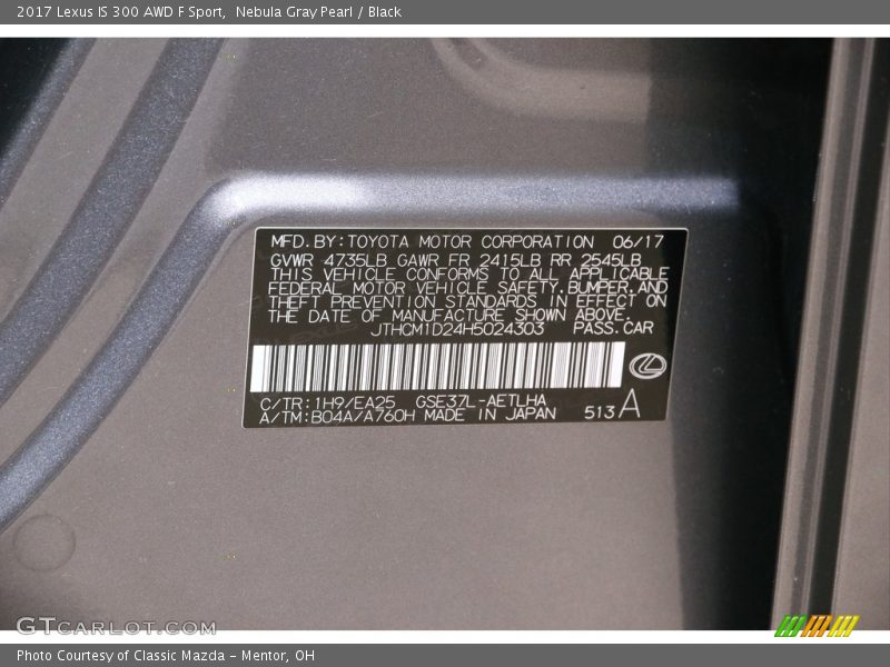 Nebula Gray Pearl / Black 2017 Lexus IS 300 AWD F Sport