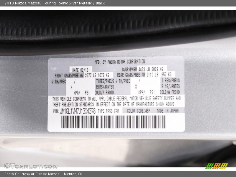 Sonic Silver Metallic / Black 2018 Mazda Mazda6 Touring