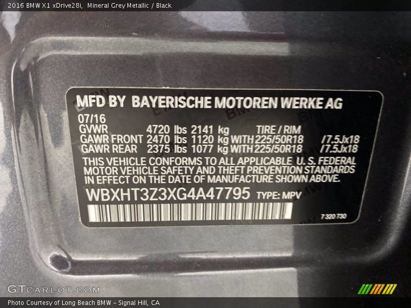Mineral Grey Metallic / Black 2016 BMW X1 xDrive28i