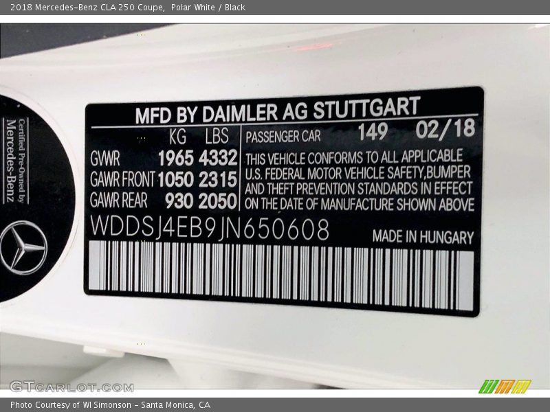 Polar White / Black 2018 Mercedes-Benz CLA 250 Coupe