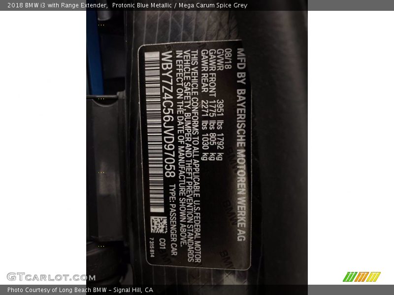 Protonic Blue Metallic / Mega Carum Spice Grey 2018 BMW i3 with Range Extender