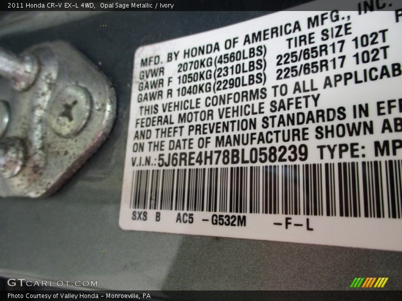 Opal Sage Metallic / Ivory 2011 Honda CR-V EX-L 4WD