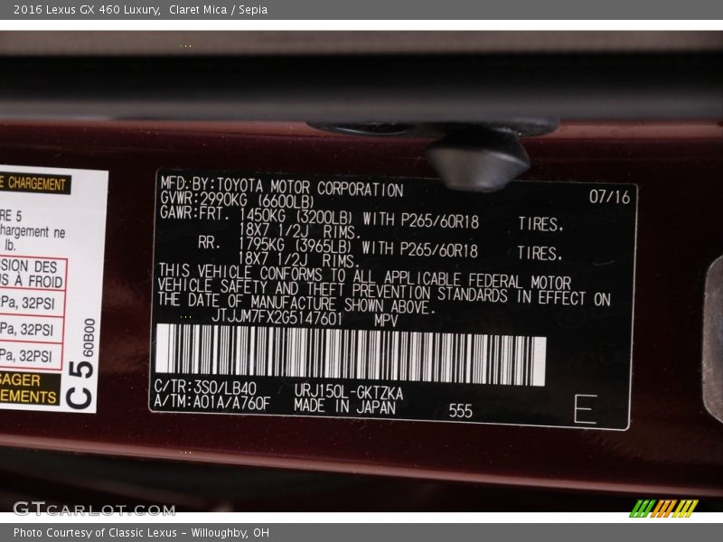 2016 GX 460 Luxury Claret Mica Color Code 3S0