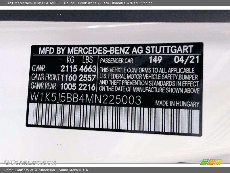 Polar White / Black Dinamica w/Red Stitching 2021 Mercedes-Benz CLA AMG 35 Coupe