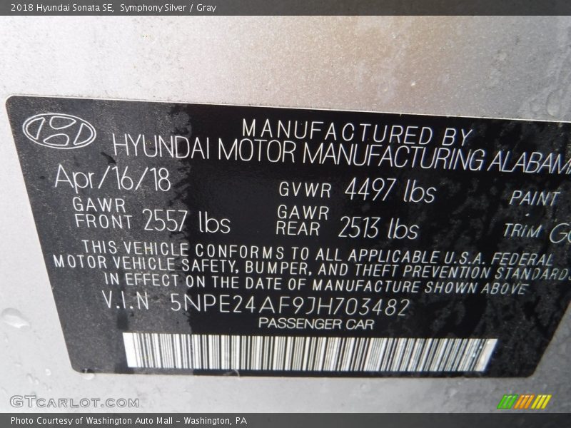 Symphony Silver / Gray 2018 Hyundai Sonata SE
