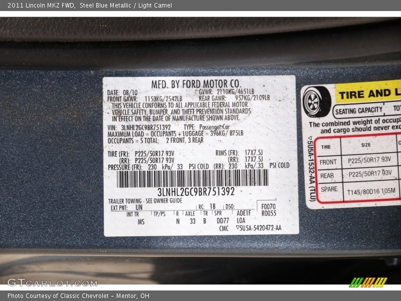 Steel Blue Metallic / Light Camel 2011 Lincoln MKZ FWD