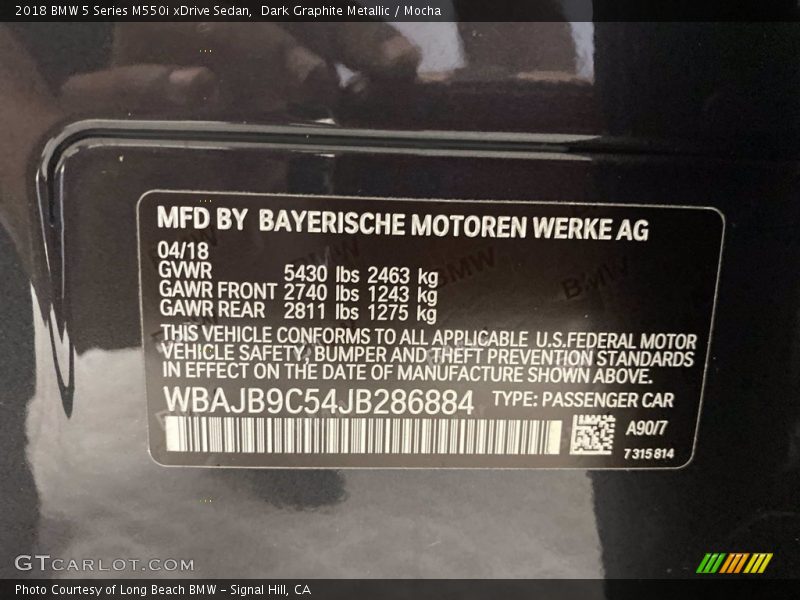 2018 5 Series M550i xDrive Sedan Dark Graphite Metallic Color Code A90