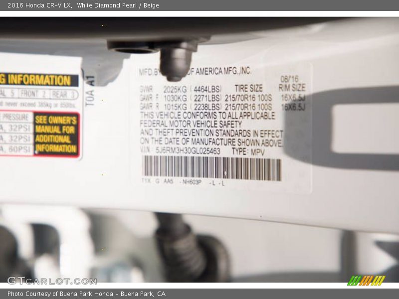 White Diamond Pearl / Beige 2016 Honda CR-V LX