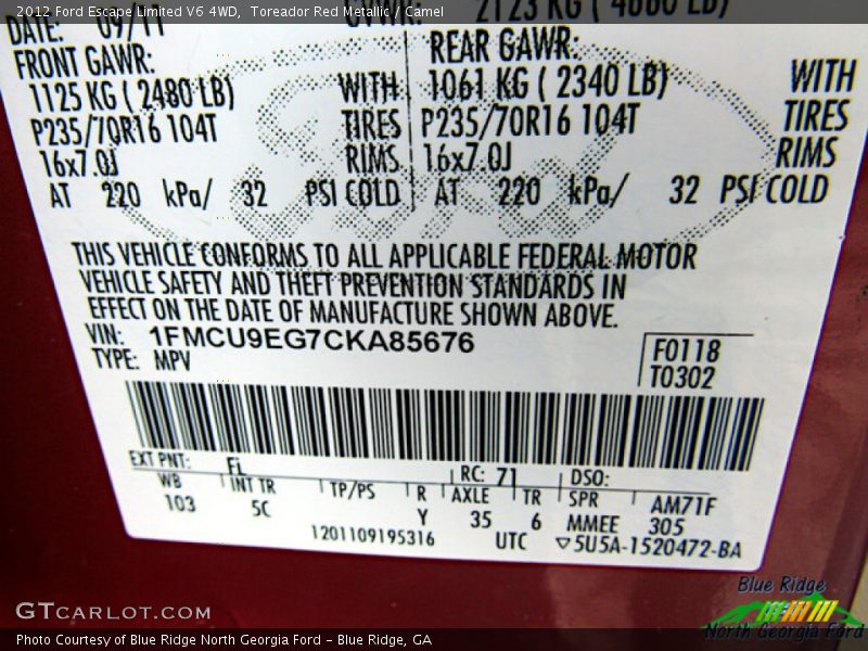 Toreador Red Metallic / Camel 2012 Ford Escape Limited V6 4WD
