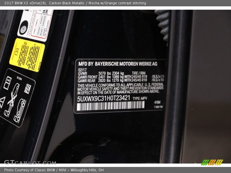 Carbon Black Metallic / Mocha w/Orange contrast stitching 2017 BMW X3 xDrive28i