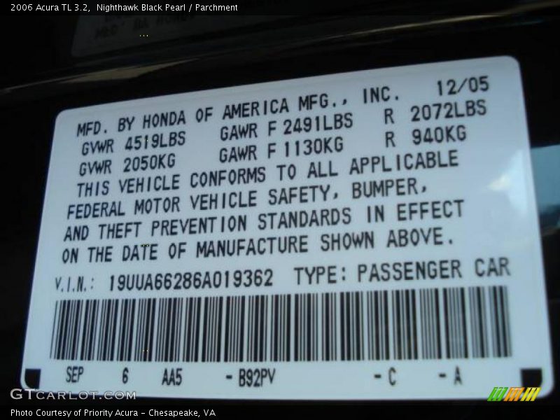 Nighthawk Black Pearl / Parchment 2006 Acura TL 3.2