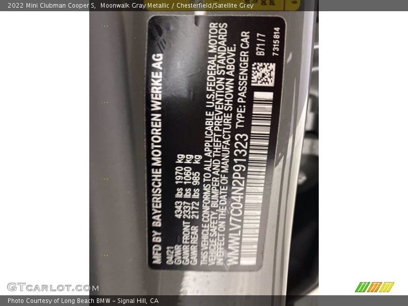 2022 Clubman Cooper S Moonwalk Gray Metallic Color Code B71