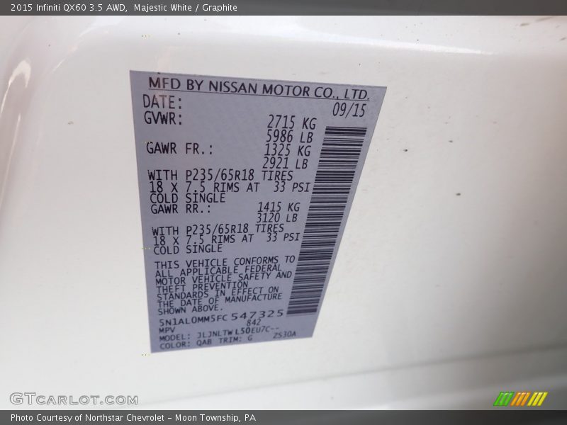 Majestic White / Graphite 2015 Infiniti QX60 3.5 AWD