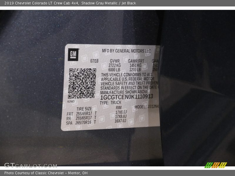 Shadow Gray Metallic / Jet Black 2019 Chevrolet Colorado LT Crew Cab 4x4