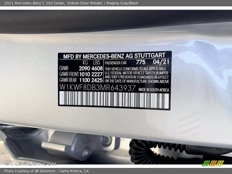 2021 C 300 Sedan Iridium Silver Metallic Color Code 775