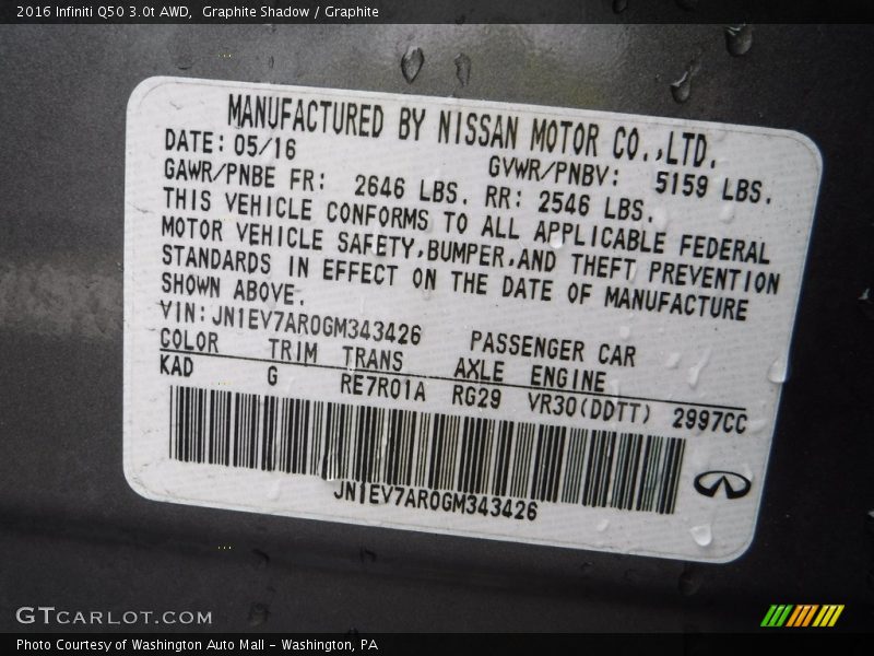 2016 Q50 3.0t AWD Graphite Shadow Color Code KAD