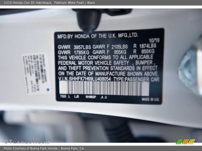Platinum White Pearl / Black 2020 Honda Civic EX Hatchback