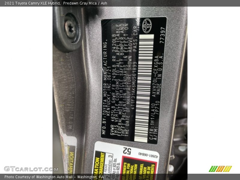 Predawn Gray Mica / Ash 2021 Toyota Camry XLE Hybrid
