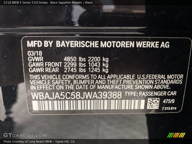 Black Sapphire Metallic / Black 2018 BMW 5 Series 530i Sedan