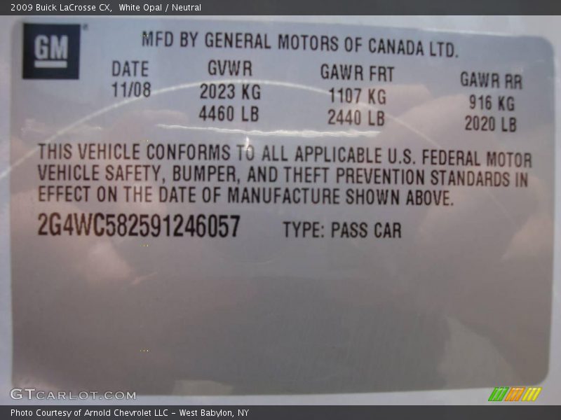 White Opal / Neutral 2009 Buick LaCrosse CX
