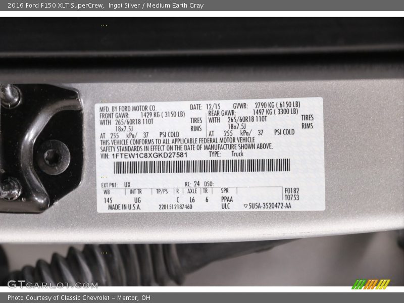 Ingot Silver / Medium Earth Gray 2016 Ford F150 XLT SuperCrew