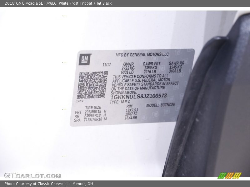 White Frost Tricoat / Jet Black 2018 GMC Acadia SLT AWD