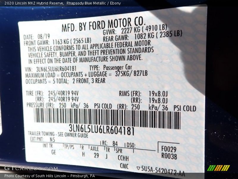 2020 MKZ Hybrid Reserve Rhapsody Blue Metallic Color Code N5
