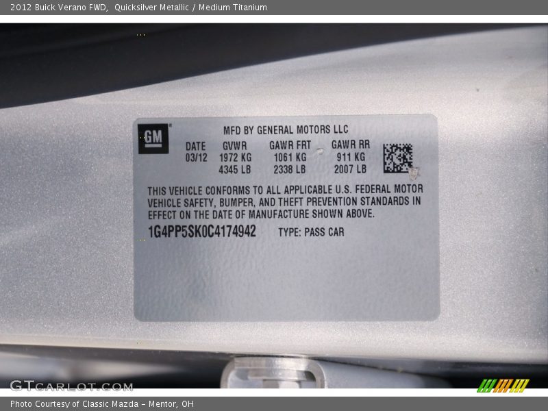 Quicksilver Metallic / Medium Titanium 2012 Buick Verano FWD