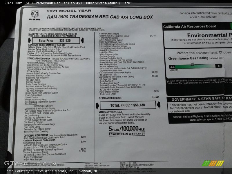  2021 3500 Tradesman Regular Cab 4x4 Window Sticker
