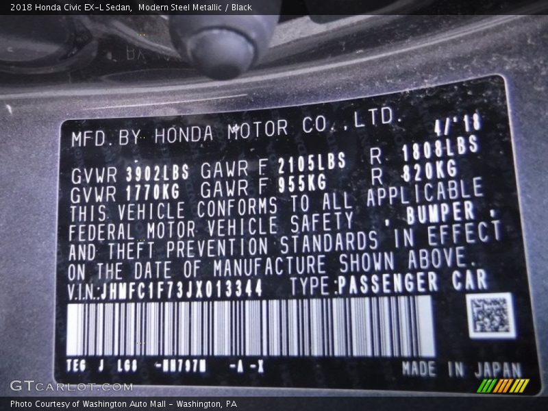 Modern Steel Metallic / Black 2018 Honda Civic EX-L Sedan