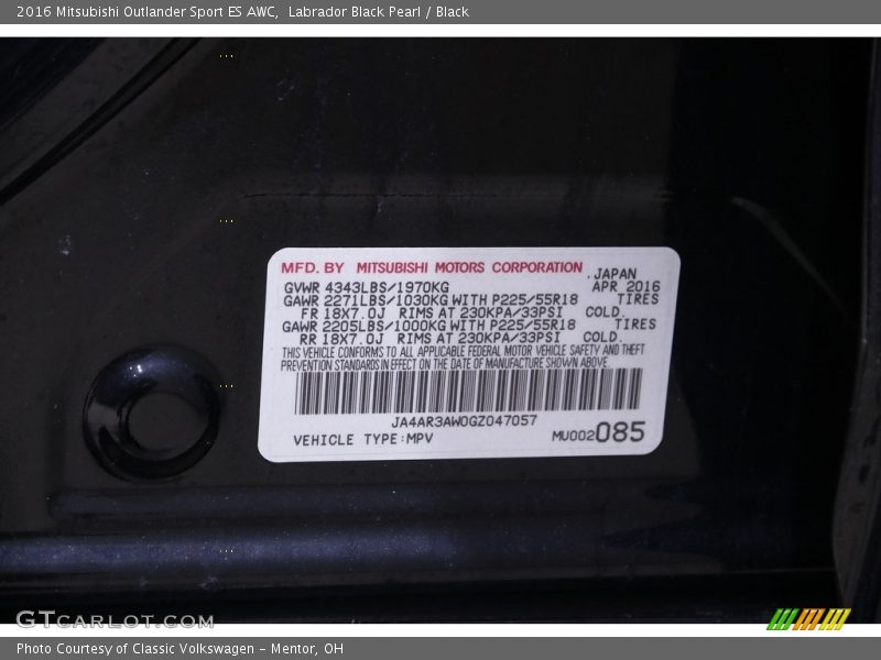Labrador Black Pearl / Black 2016 Mitsubishi Outlander Sport ES AWC