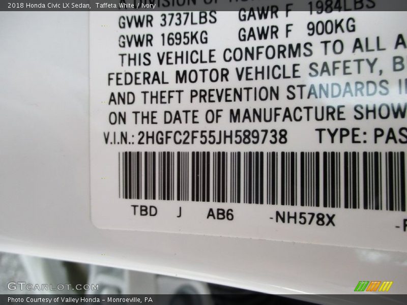 Taffeta White / Ivory 2018 Honda Civic LX Sedan