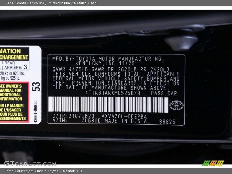 Midnight Black Metallic / Ash 2021 Toyota Camry XSE
