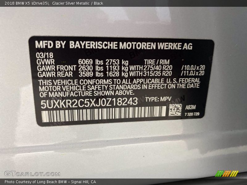 Glacier Silver Metallic / Black 2018 BMW X5 sDrive35i