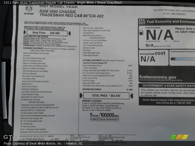  2021 4500 Tradesman Regular Cab Chassis Window Sticker