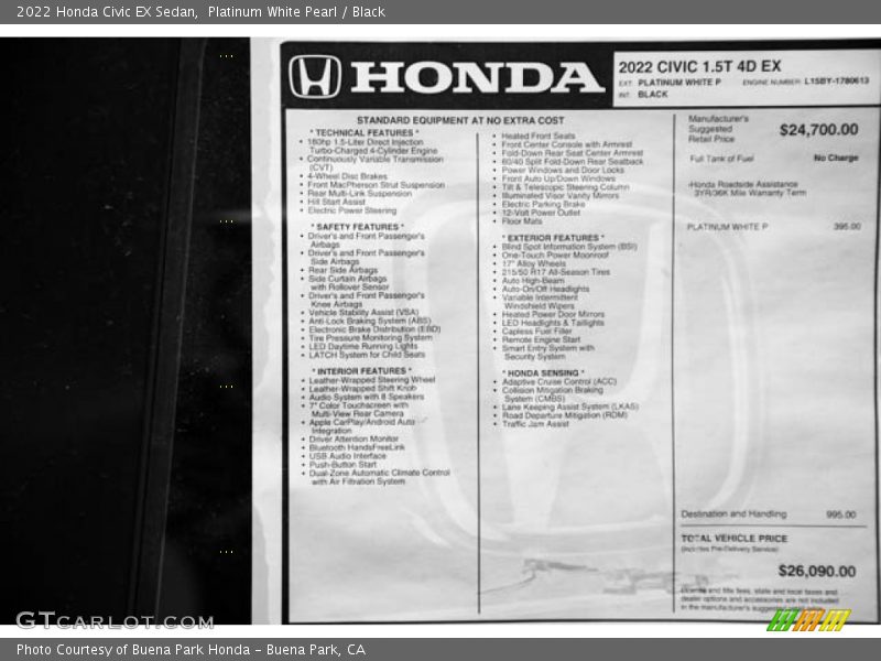 Platinum White Pearl / Black 2022 Honda Civic EX Sedan