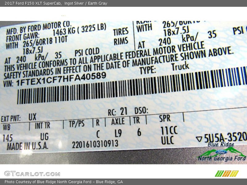 2017 F150 XLT SuperCab Ingot Silver Color Code UX
