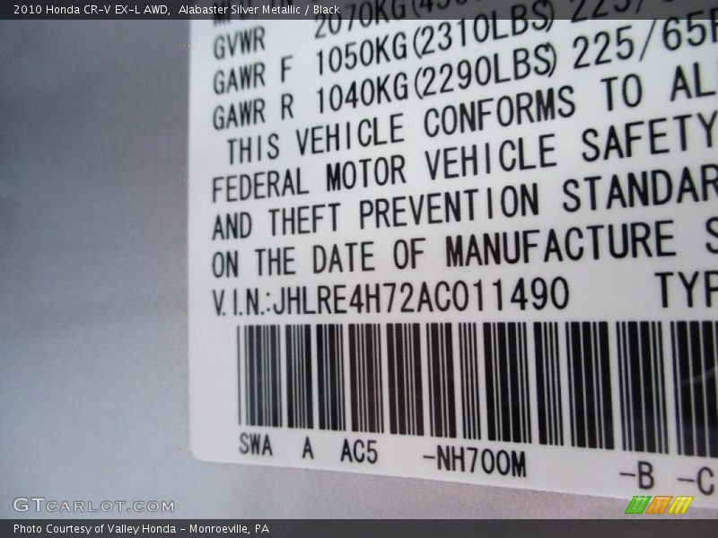 Alabaster Silver Metallic / Black 2010 Honda CR-V EX-L AWD